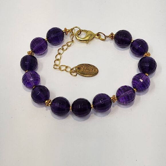 Stauer Purple Faceted Glass Bead Bracelet Gold Tone Accents Adjustable Signed - Picture 2 of 4